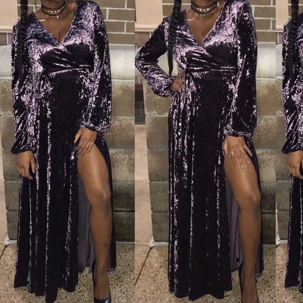 Purple Crushed Velvet Wrap Dress